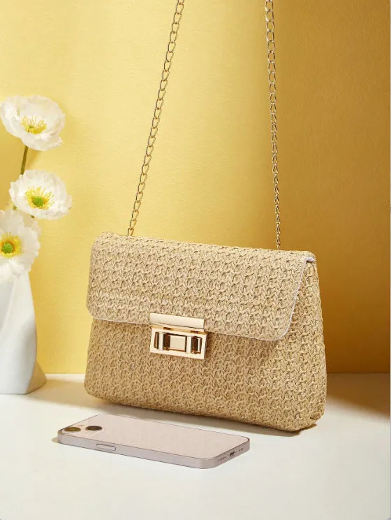 Straw Double Ended Lock Shoulder Bag