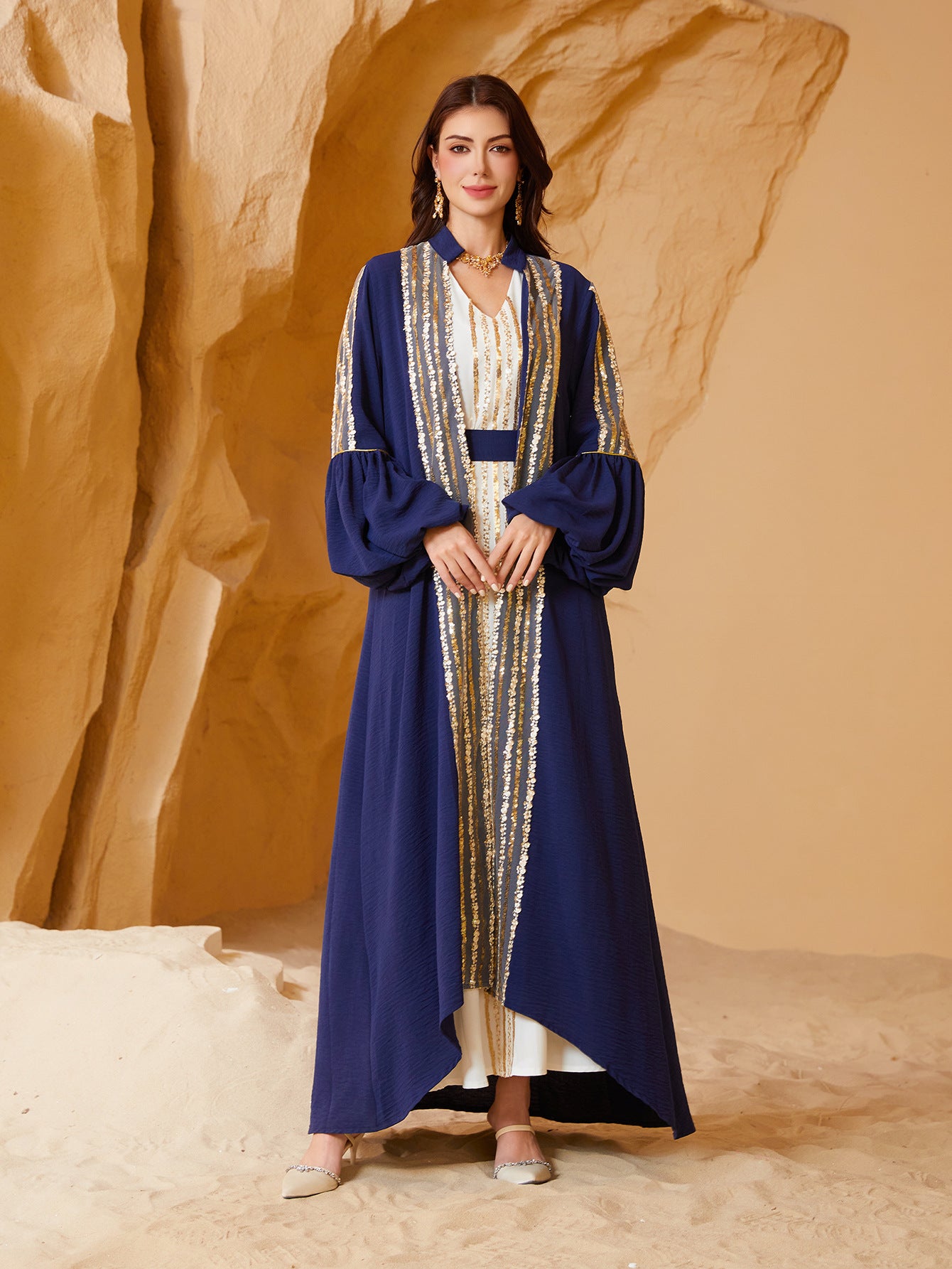 Sequined Puff Sleeve Abaya Dress