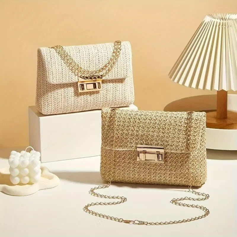 Straw Double Ended Lock Shoulder Bag