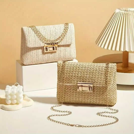 Straw Double Ended Lock Shoulder Bag