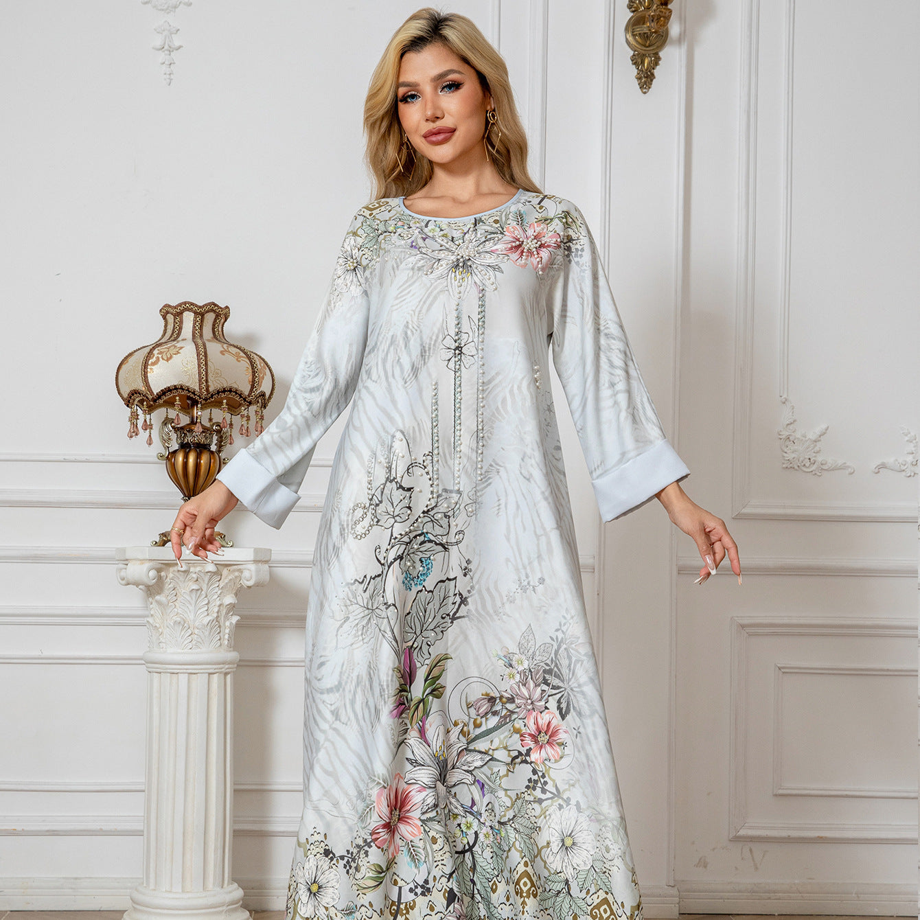 Embellished Printed Long Dress