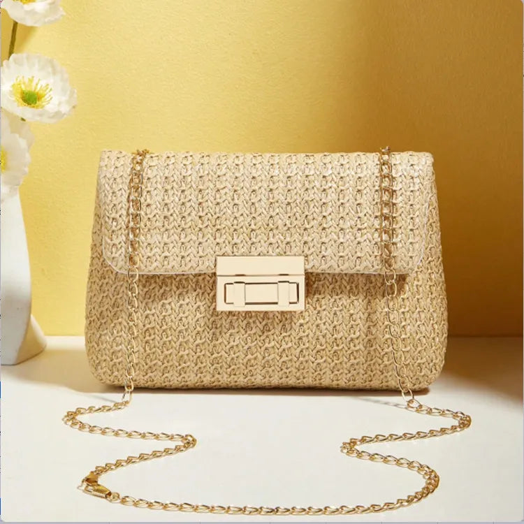 Straw Double Ended Lock Shoulder Bag