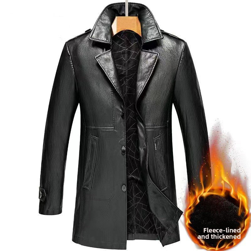 Mens Fleece Lined Leather Trench Coat