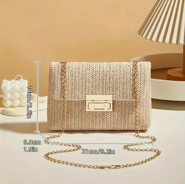 Straw Double Ended Lock Shoulder Bag