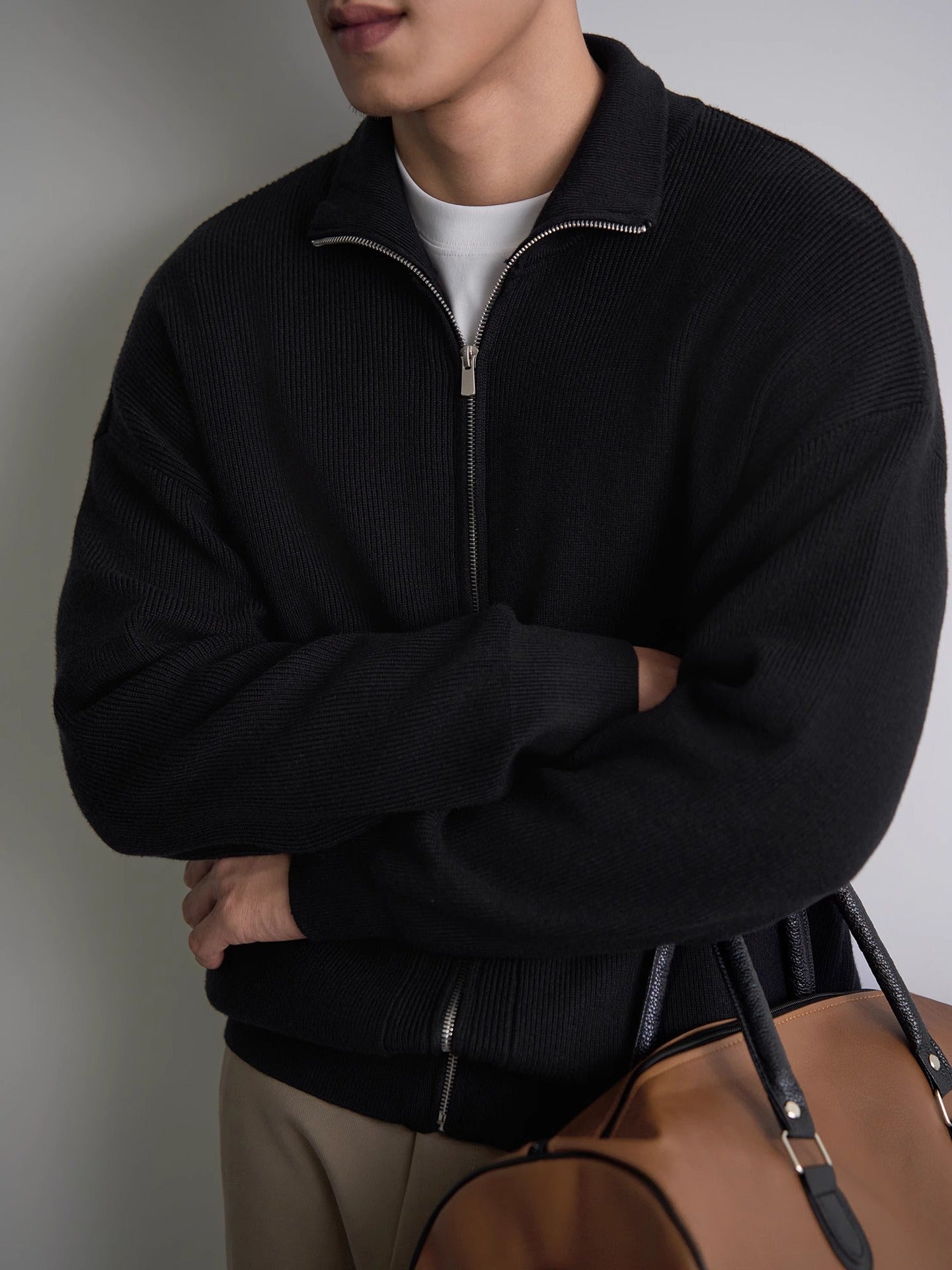 Mens Zipper Lapel Knit Sweater