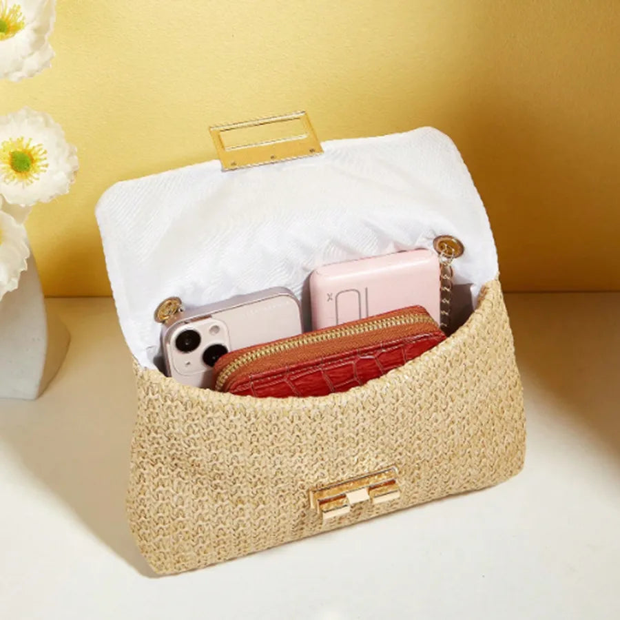 Straw Double Ended Lock Shoulder Bag