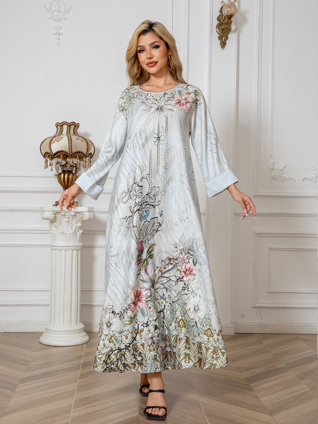 Embellished Printed Long Dress