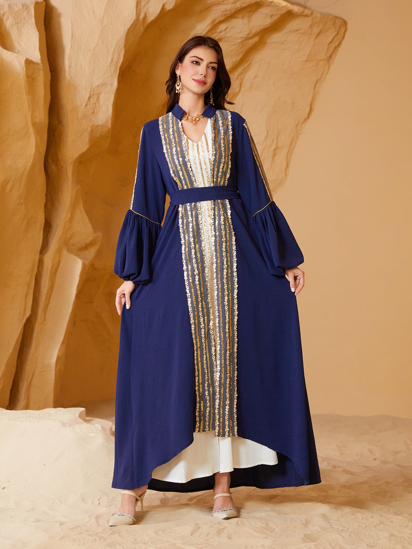 Sequined Puff Sleeve Abaya Dress