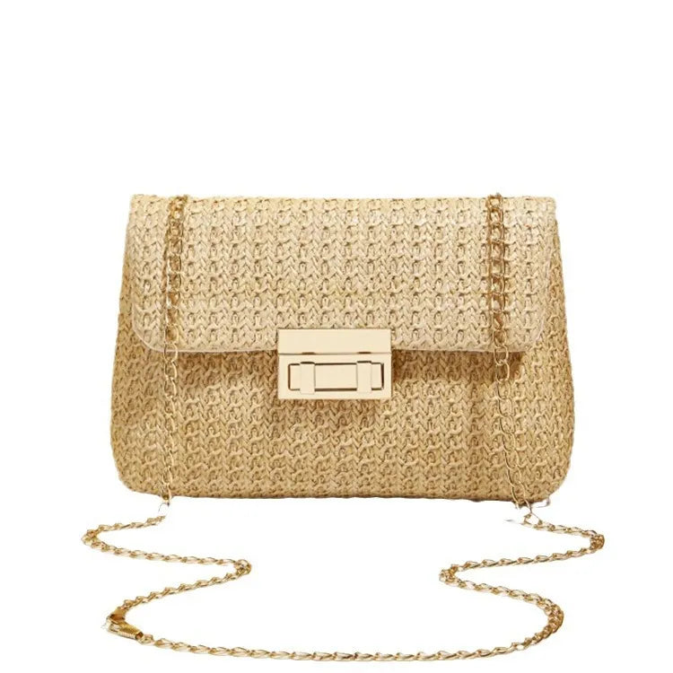 Straw Double Ended Lock Shoulder Bag