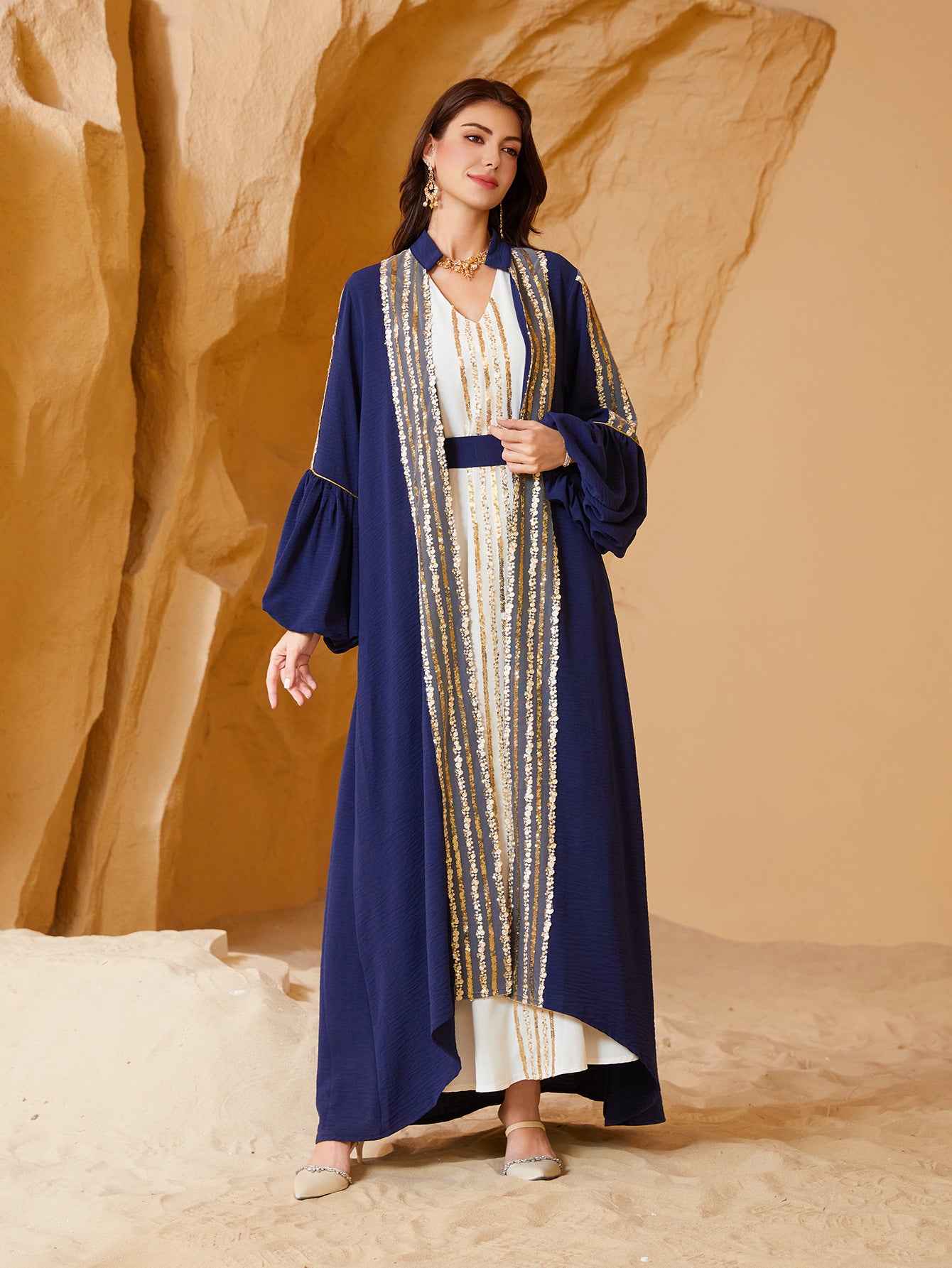 Sequined Puff Sleeve Abaya Dress