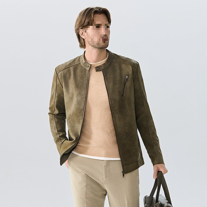 Mens PU Leather Jacket Stand Collar Slim Fit Coat
