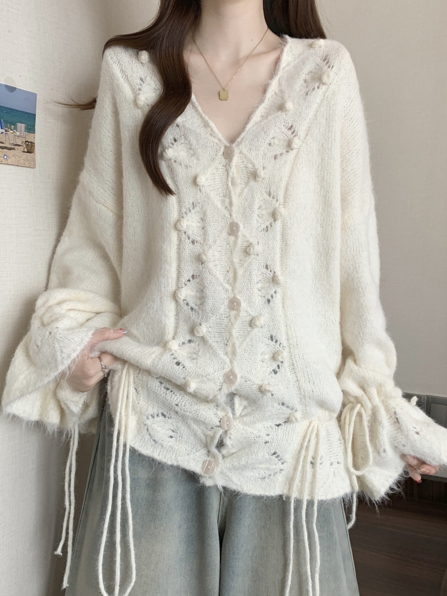 V-Neck Sweater with Drawstring for Women