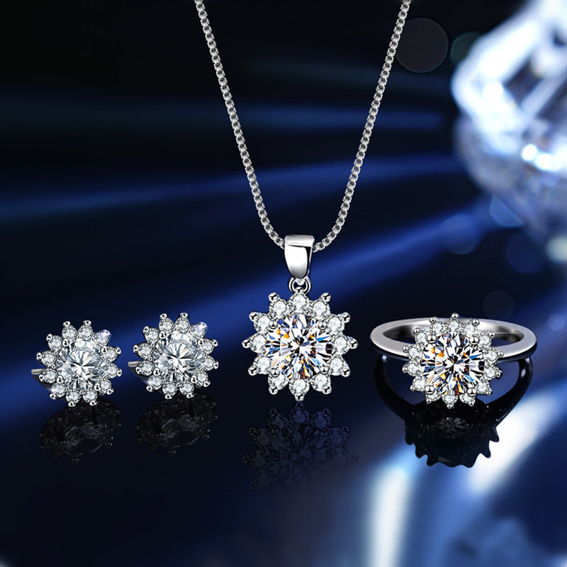 S925 Sterling Silver Sunflower Moissanite Three Piece Jewelry Set