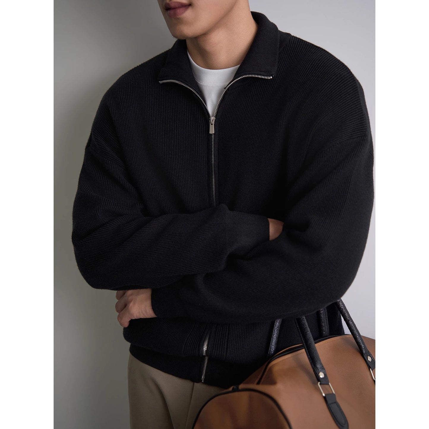 Mens Zipper Lapel Knit Sweater