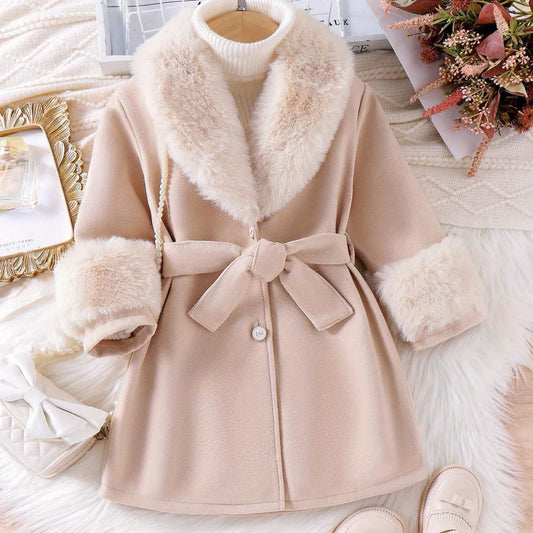 Girls Mid Length Wool Coat with Fur Collar