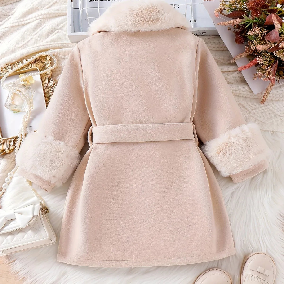 Girls Mid Length Wool Coat with Fur Collar