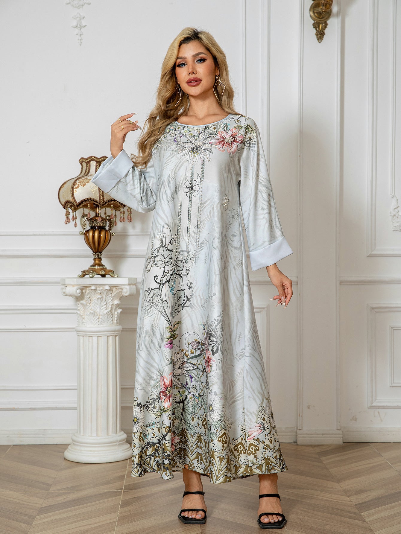 Embellished Printed Long Dress