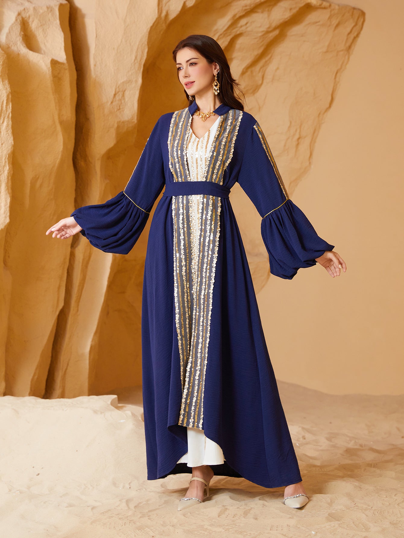 Sequined Puff Sleeve Abaya Dress