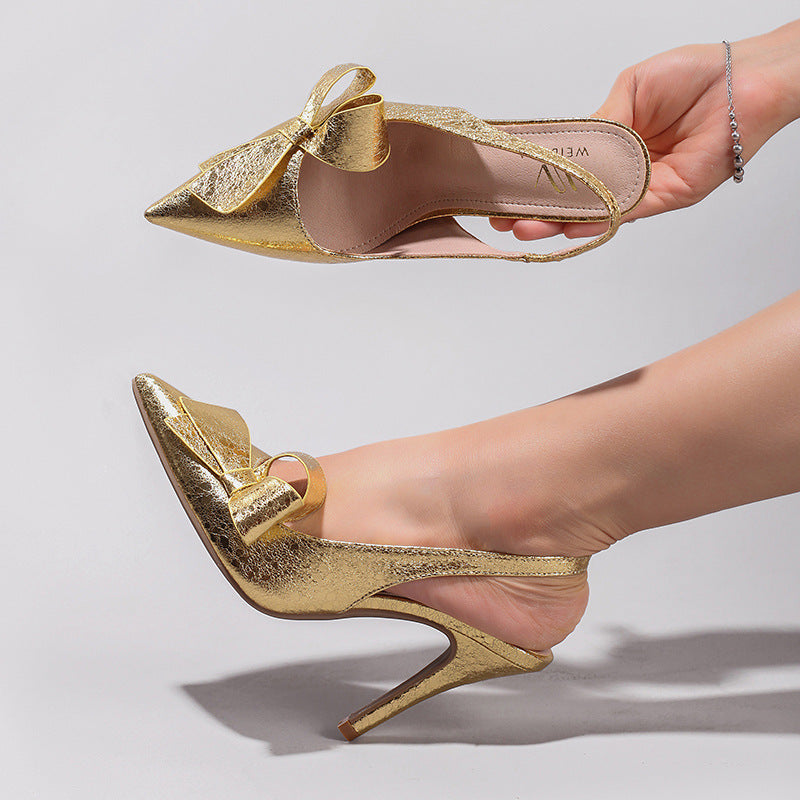 Bow High Heel Sandals Pointed Toe Ankle Strap