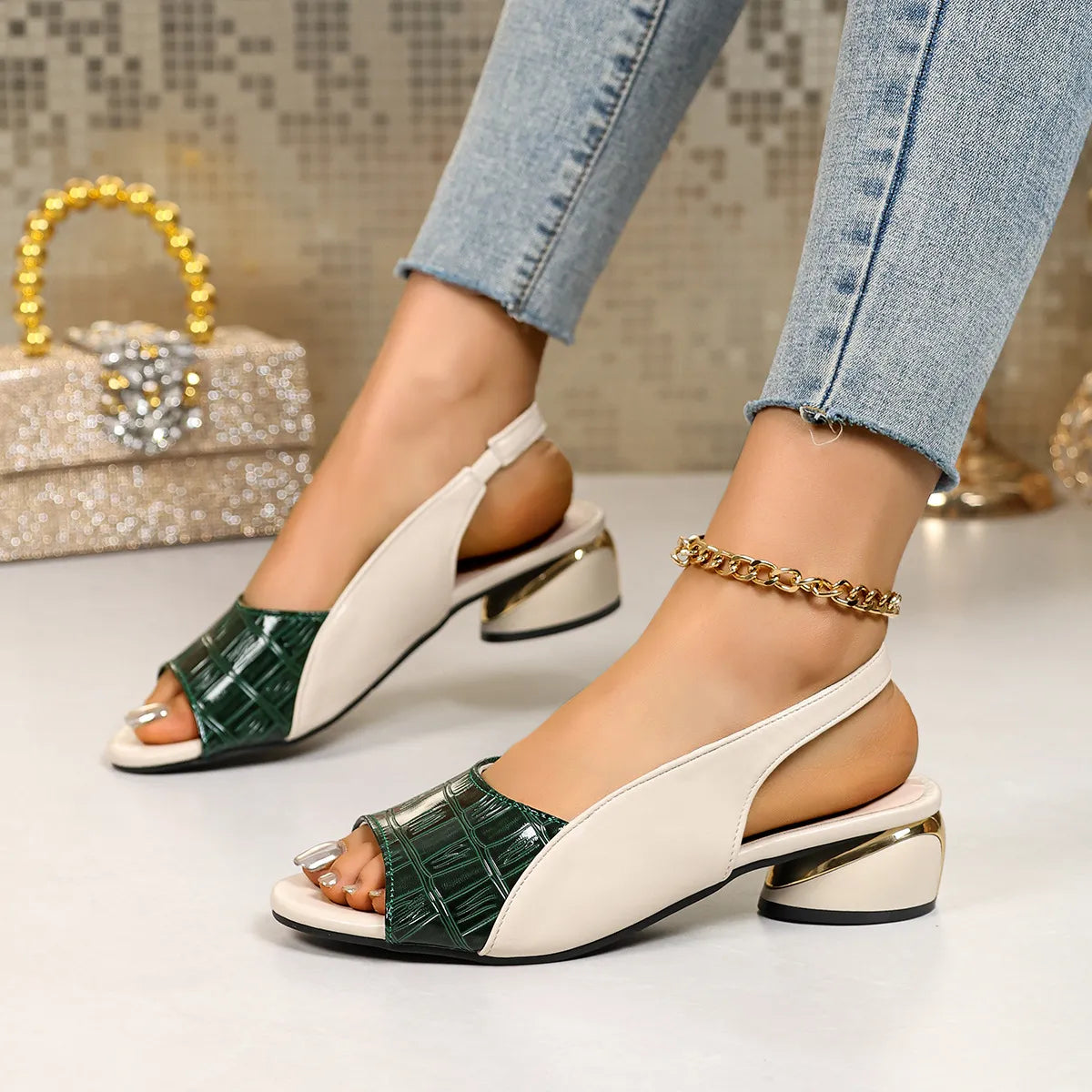 Womens Chunky Heel Peep-Toe Sandals