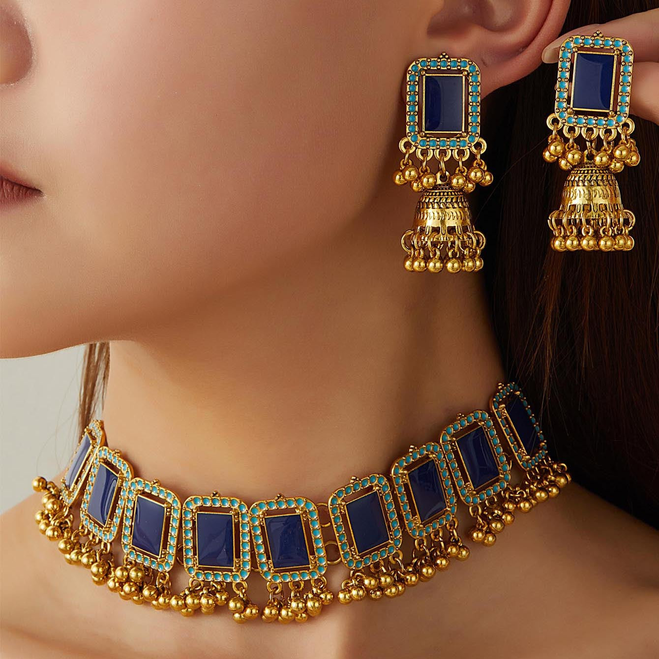 Vintage Ethnic Diamond Bell Tassel Jewelry Set